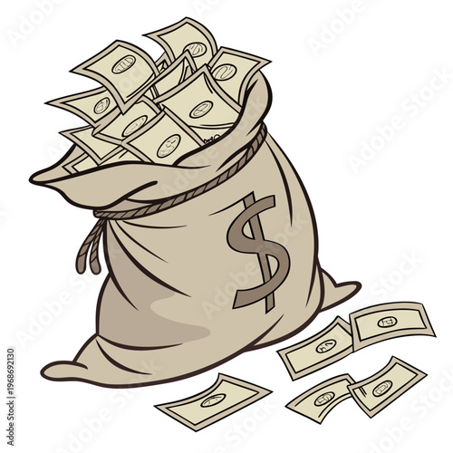 A detailed illustration depicts a bulging sack filled with cash and several bills scattered around its base high quality professional