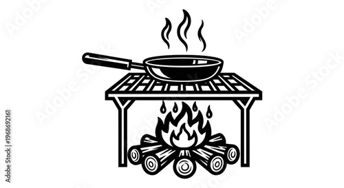 Camping cooking with a frying pan over a campfire grill.