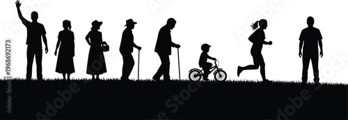 People silhouette set on grass with diverse community members including elderly walking child on bicycle and woman running in park