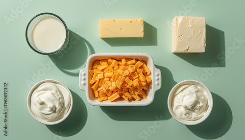 A delicious spread of cheese and dairy products on a green surface