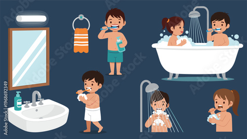 Set of illustrations showing young children performing daily bathroom hygiene routines like brushing teeth, taking a bath, and showering.