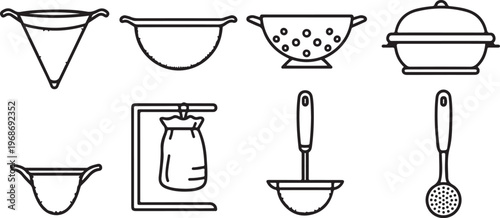 Collection of household kitchen items and utensils illustrated in simple line art Vector