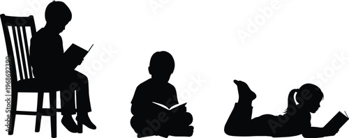 Silhouette Set of Children Reading Books in Different Poses Including Sitting on Chair and Lying Down for Education Study Vector
