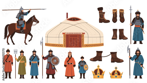Traditional mongolian nomadic lifestyle elements featuring a yurt, warriors on horseback, cultural headwear, and leather boots collection.