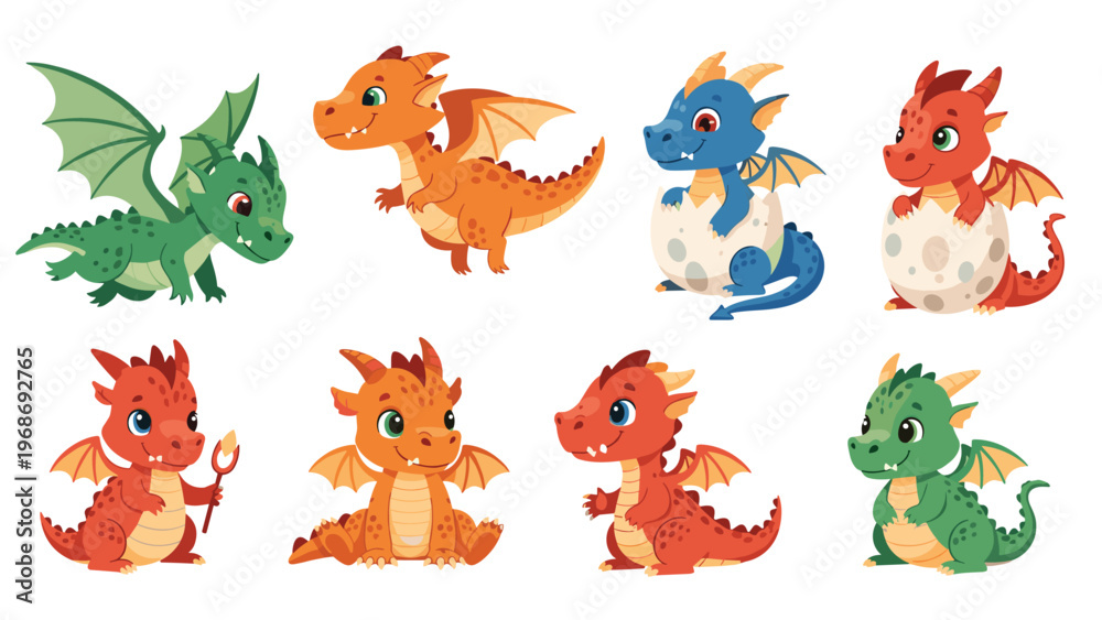 Fototapeta premium Extensive collection of colorful baby dragons in various colors like green, orange, red, and blue hatching and playing in different poses.