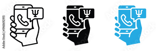 Psychology consultation hotline icon set with phone and psi symbol in hand