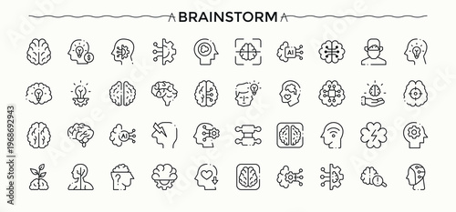 Brainstorm icon set. Minimal icons collection. Contain linear sign ai, mental, mind, brain. Editable vector art and illustration. Mental line icon set.