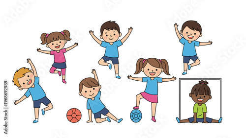 Group of young children in athletic wear performing various gymnastics and stretching exercises including balance and floor work poses.