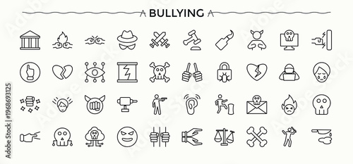 Bullying icon set. Includes thin line symbols sex, hate, violence, crime, assault. Offend icon set. Isolated icons. Pixel perfect. Editable stroke.
