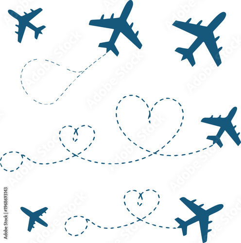 Airplane silhouettes with heart shaped dashed flight paths and trail lines