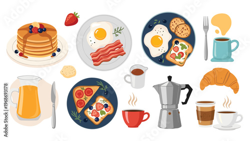 Delicious breakfast spread featuring pancakes with berries, bacon and eggs, gourmet toast varieties, coffee, and fresh orange juice pitcher.
