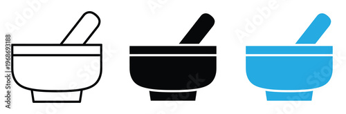 Mortar and pestle icon set in black and blue line styles for cooking and pharmacy design