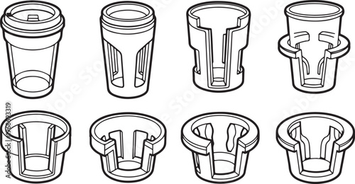Line drawing of classic ceramic and metal cups from different angles Vector