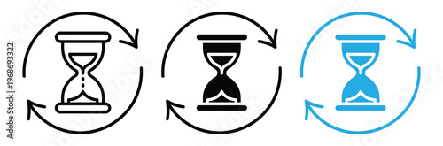 Three hourglass icons in circular arrows on white background for time cycle concepts