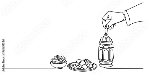 A single continuous line drawing of a person holding a lantern next to a bowl of dates for iftar Vector, illustration