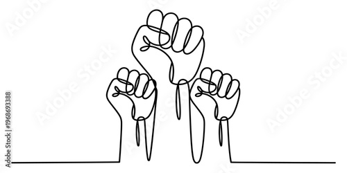 A single continuous line drawing of three raised fists symbolizing unity, power and resistance Vector, illustration
