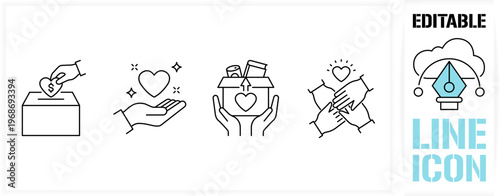 Editable line icon set in a black simple and clean vector customisable outline stroke for charity donation, volunteering support, humanitarian aid box, social responsibility and community teamwork.