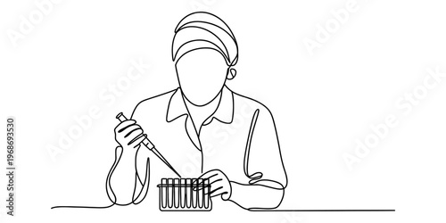Continuous line drawing of a female scientist working with a pipette and test tubes in laboratory Vector, illustration