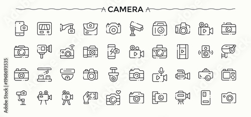 Camera icon set in linear style. Contain linear symbols film, media, capture, cam and more. Photography vector line icon set. Minimal icons collection. Editable vector art.