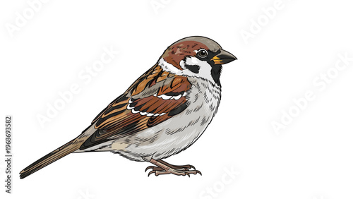 Detailed and realistic illustration of a small sparrow perched on a white background, showing its intricate feather patterns and colors.