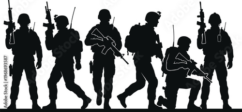 Black silhouettes of soldiers in various combat poses with rifles and tactical gear isolated on white background for military concepts.