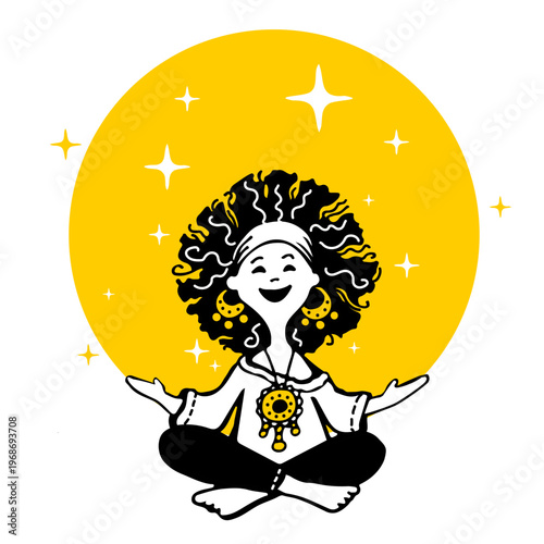 Cute hand drawn doodle illustration of a happy woman meditating in lotus pose. Boho style character with sun and stars, representing mindfulness, yoga, spirituality, psychology and positive energy. Su