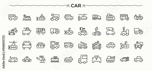 Car icon set. Contains such symbols as automotive, auto parts, service, automobile, vehicle and more. Part icon pack. Thin UI icons. Signs for web and mobile app.