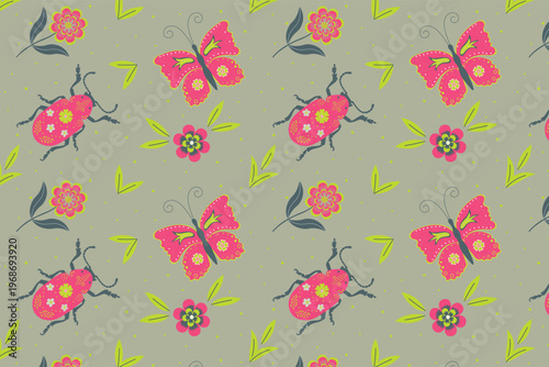 Summer seamless pattern with butterflies, flowers, beetles, and leaves on a gray background. Vector botanical seamless spring illustration.