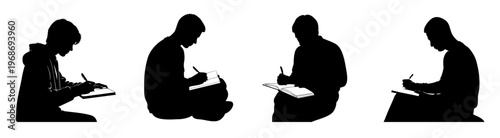 International Literacy Day Student Writing in Notebook Silhouette Vector Set