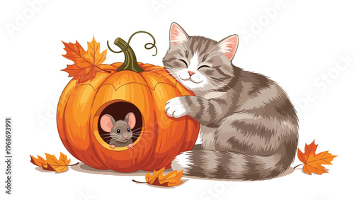Adorable grey tabby kitten hugging a large orange pumpkin where a small grey mouse peeks out from a hole, surrounded by autumn maple leaves.