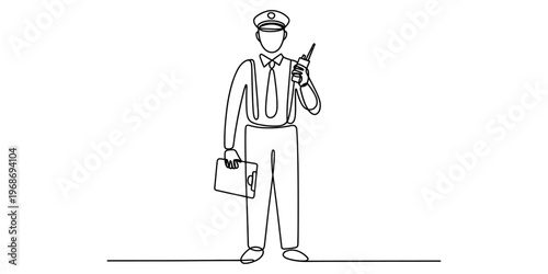 Continuous line drawing of a security guard holding a radio and clipboard in a formal uniform. Vector, illustration