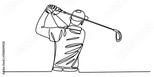 Minimalist continuous single line drawing of a professional golfer swinging a club on the course Vector, illustration