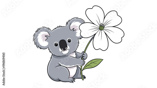 Sweet koala bear character sitting peacefully while holding a large white flower, perfect for children's illustrations and nature themes.