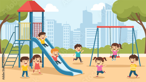 Group of cheerful children playing together at a city park playground, featuring a blue slide and red swings under a clear blue sky.