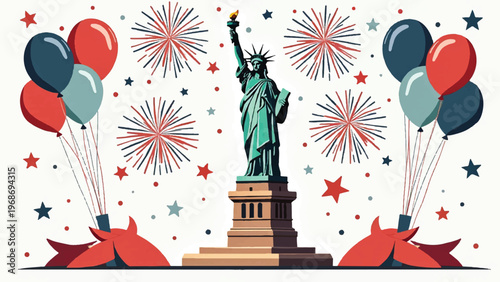 Patriotic Statue of Liberty, American Independence icons, 4th of July symbols, red white blue balloons fireworks