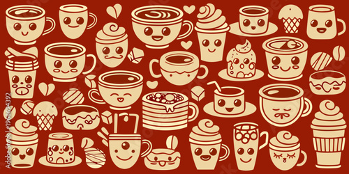 Cute collection of illustrated beverages including coffee tea and sweet treats