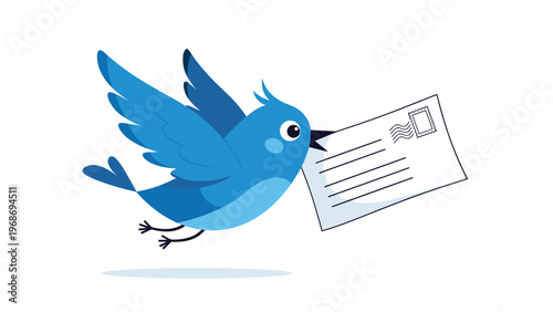 Cheerful blue bird flying through the air while carrying a sealed white envelope in its beak, representing delivery and communication.