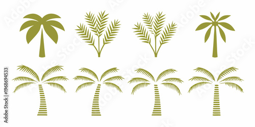 Variety of stylized palm tree silhouettes in shades of green