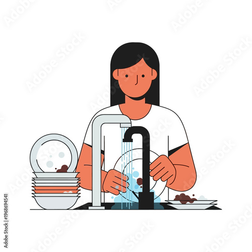 Woman Washing Dishes in Kitchen Sink, Household Chores, Hygiene, Daily Life