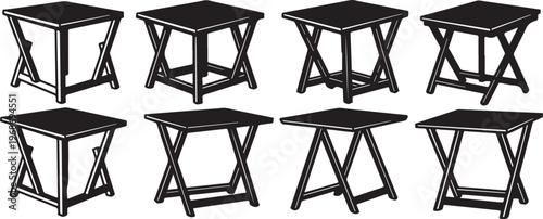 A collection of eight unique black wireframe table designs with varying structures Vector