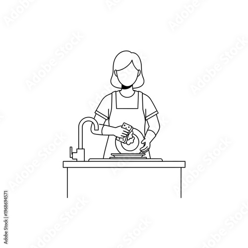 Woman washing dishes in kitchen sink, simple line art illustration