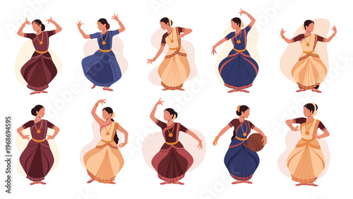 Set of ten women performing traditional Indian classical dance in vibrant sarees, showcasing various expressive mudras and poses.