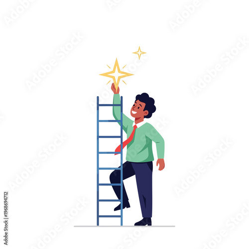Businessman climbing ladder to reach star, symbolizing success and ambition