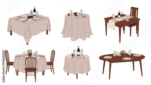 Selection of six different elegant restaurant table settings featuring various linens, glassware, wine bottles, and dinnerware sets.