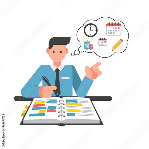 Businessman planning schedule with calendar and clock in thought bubble