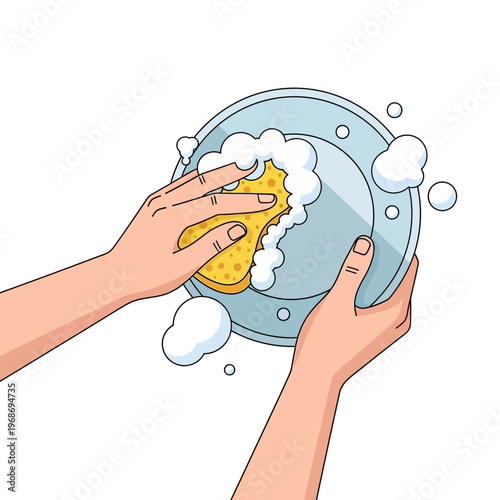 Close-up of hands washing a plate with a sponge and soap suds, illustration