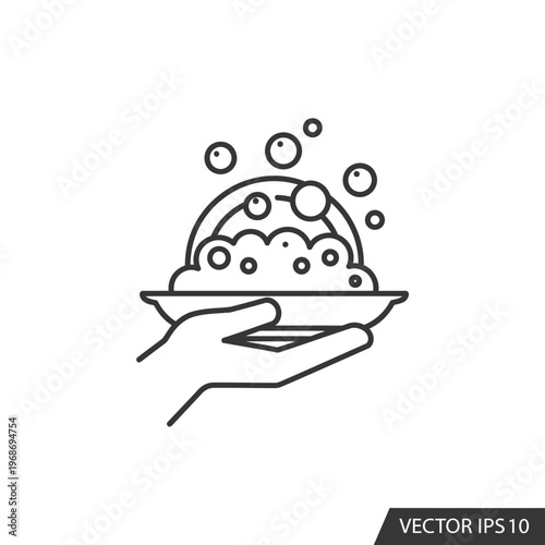 Hand holding bowl with soap bubbles, hygiene concept, clean, simple line art icon