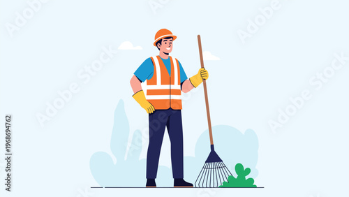 Friendly maintenance worker wearing a safety vest and hard hat while holding a rake in a simple garden or park setting, ready for work.