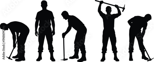 Construction worker silhouette set featuring male laborers using pickaxes, digging, standing, and performing manual work for mining, building, and industrial projects.