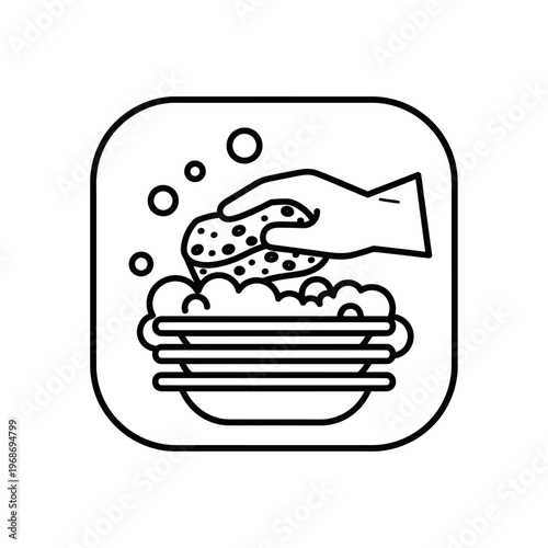 Hand in glove washing dishes with sponge and bubbles, line art icon.
